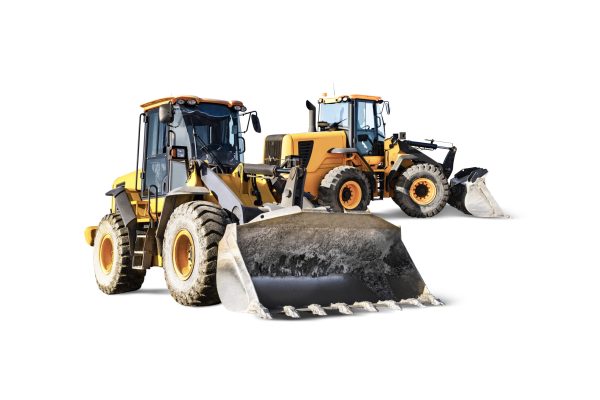Two heavy front loaders or bulldozers on a white isolated background. Construction equipment and transport. Transportation and movement of bulk materials. Excavation. Element for design